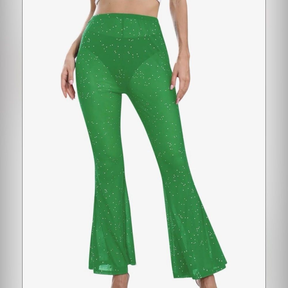 LMSXCT Women Sexy See Through Flared Stretch High Waist pants medium ORANGE